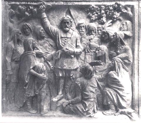 Eliot and Indians
          memorial panel on Congregational Assoc. Building, 14 Beacon
          St., Boston, MA (courtesy Jan Prescott)