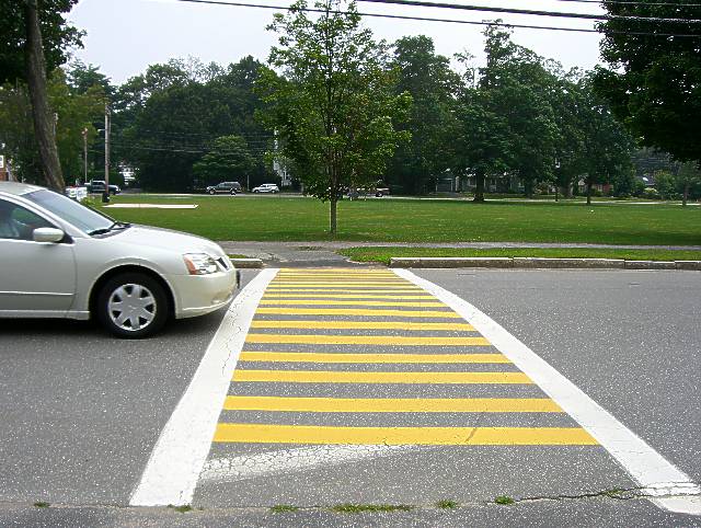 Framingham's Standard Crosswalk (bright yellow "cross-ties")