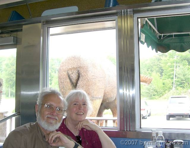070601DickJillMooseButt On the drive up NH Route 16 to Cold River Camp, we stopped for lunch at  the Miss Wakefield Diner. That's your average carved wooden moose butt behind us, but there was nothing average about their eggs benedict over crabcake -- with home-fried potatoes on the side. Yum!
<br>
(Photo by Bernard Hickey)